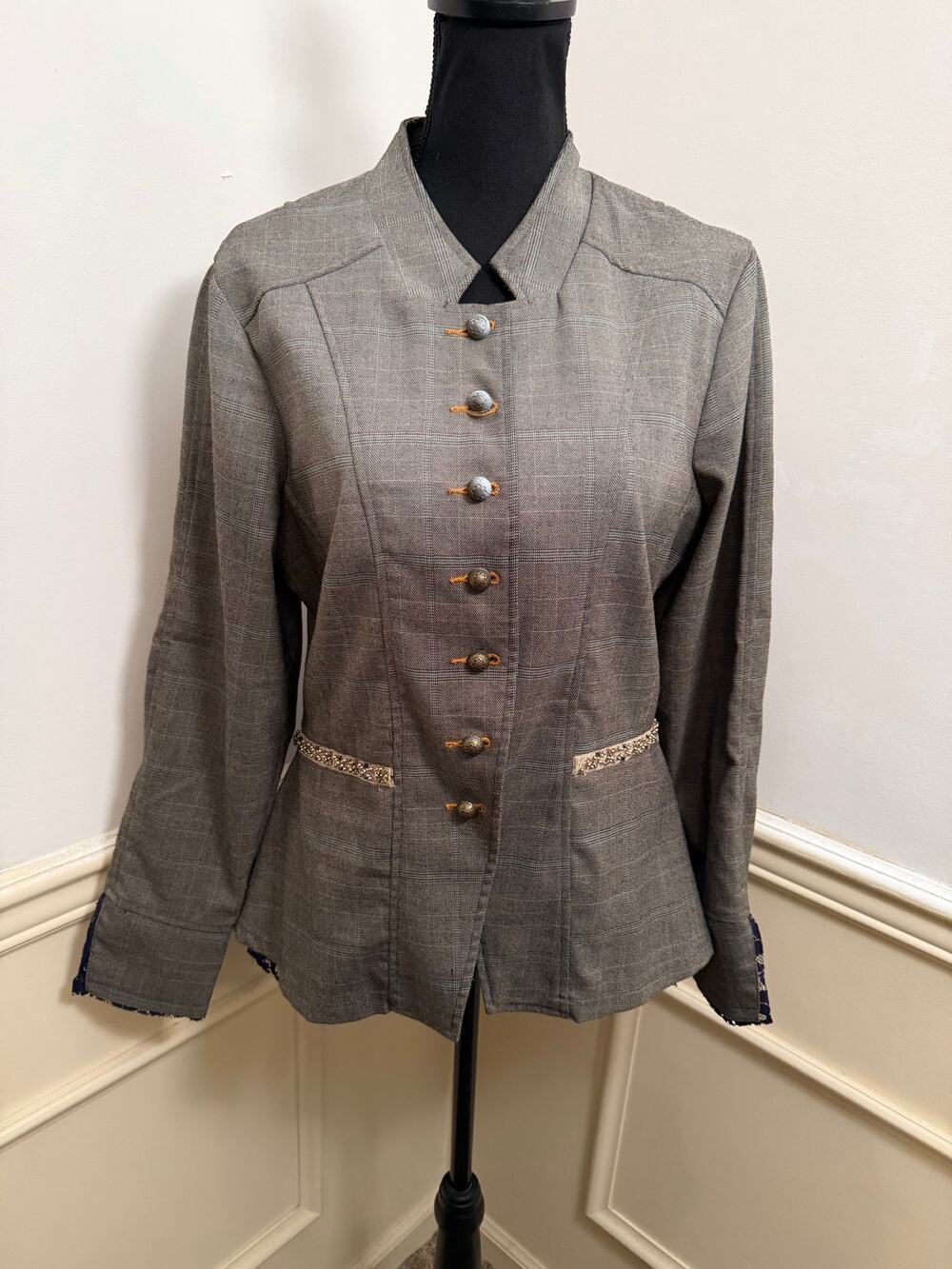 Aratta Silent Journey Ombre Plaid Beaded Lace Trim Blazer Jacket Boho Military
